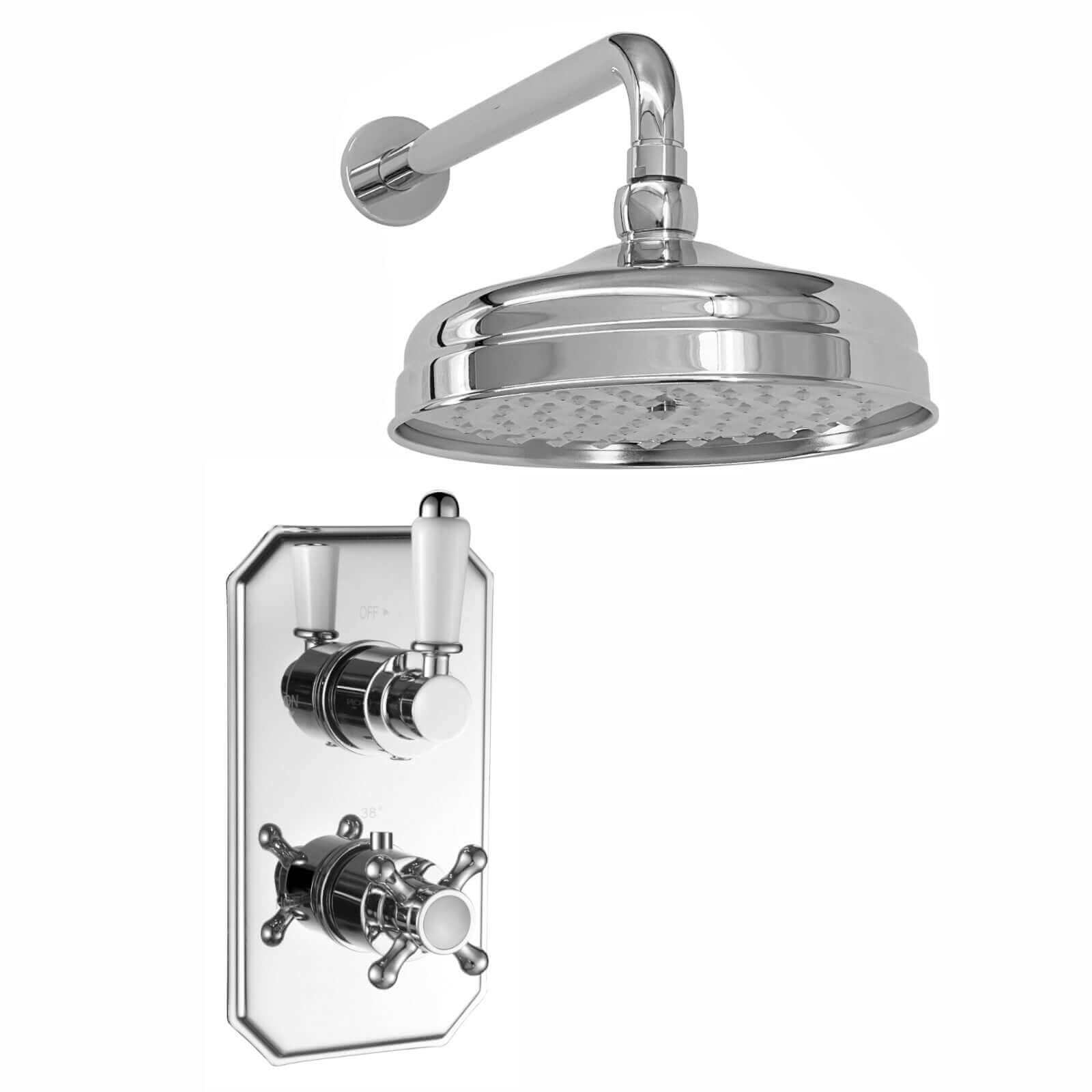 Buy Regent Traditional Crosshead And White Lever Concealed Thermostatic Shower Set Wall Fixed 8" Shower Head - Chrome (1 Outlet) Online UK | HOUSE OF ENKI